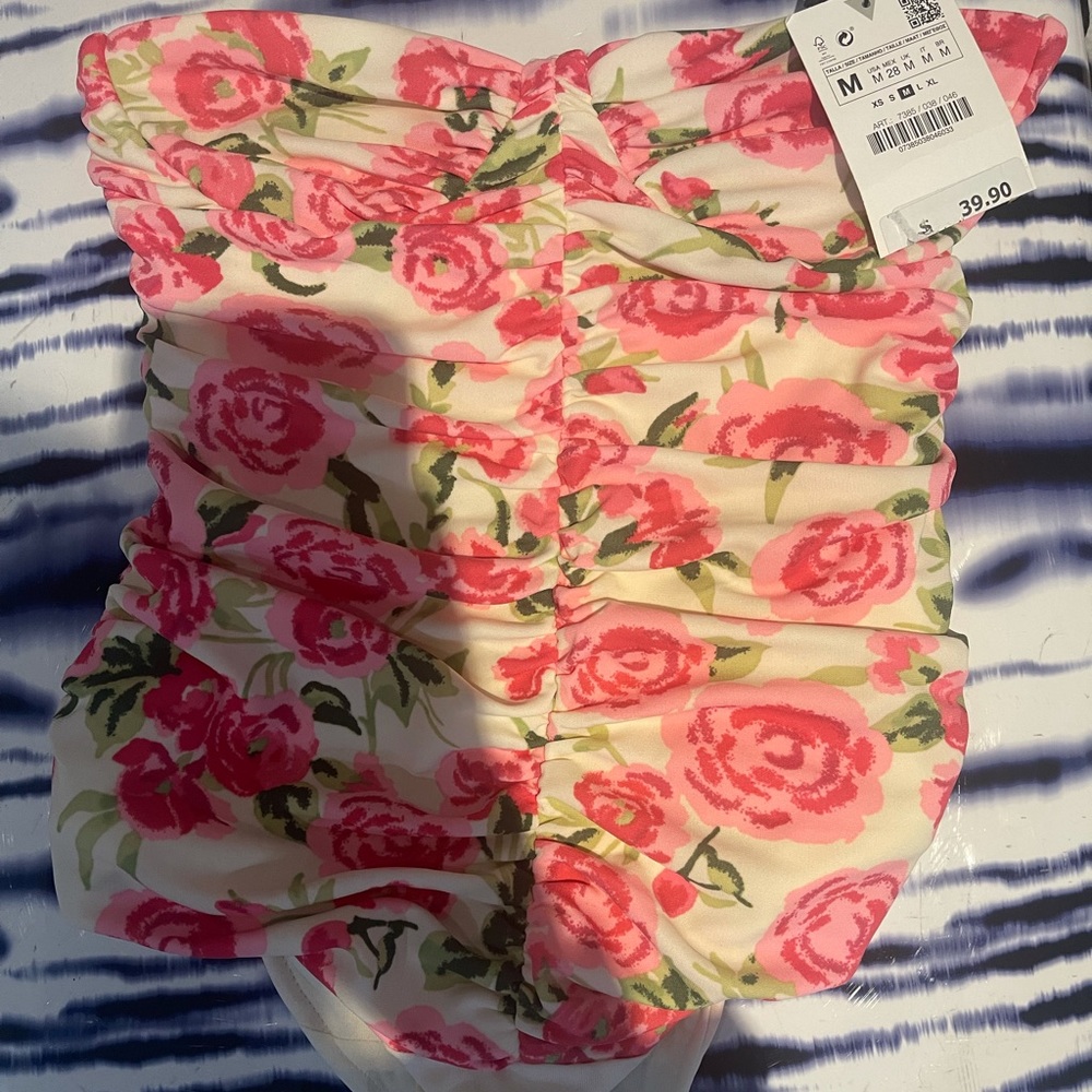 Zara-Pink and white rose bodysuit